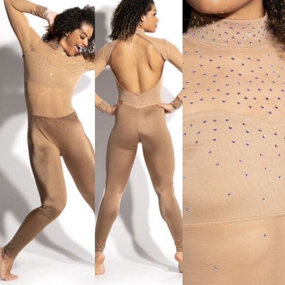 The Line up dance costume JUPELA UNITARD tan beige custom rhinestone SA adult - Picture 1 of 12